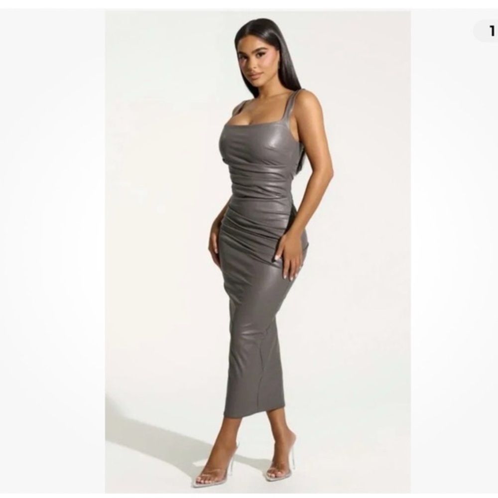 NWT Naked Wardrobe Sleeveless Ruched Faux Leather Midi Dress In Dark Gray Size S